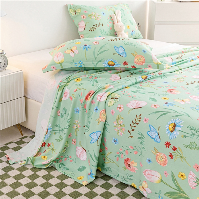 91家纺网 家纺一手货源 找家纺 金泰莱 2025新款印花竹纤维凉席三件套软凉席竹席盖毯子 繁花似锦-绿