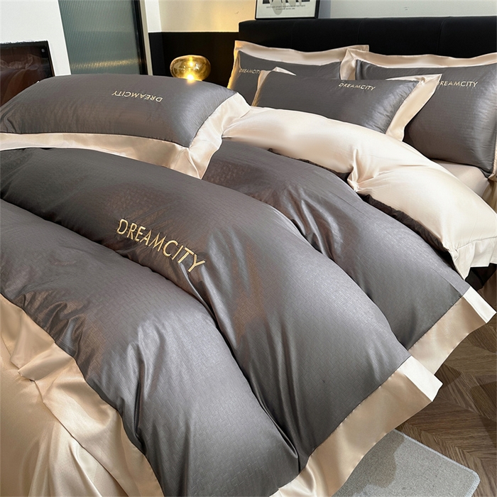 91家纺网 家纺一手货源 找家纺 古吉梦 2024新款水洗真丝提花四件套--迪梦  高级灰+奶茶