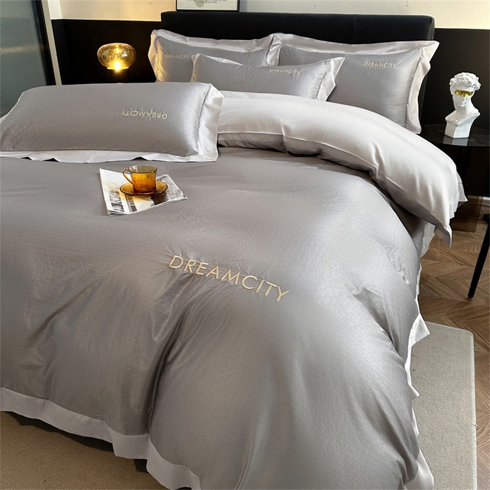 91家纺网 家纺一手货源 找家纺 古吉梦 2024新款水洗真丝提花四件套--迪梦  中灰+山灰