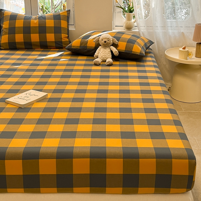 91家纺网 家纺一手货源 找家纺 蓝邻 2024新款全棉无印风全棉色织水洗棉单品床笠 格森橘中格