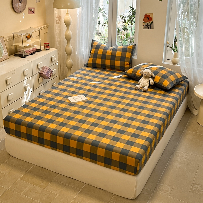 91家纺网 家纺一手货源 找家纺 蓝邻 2024新款全棉无印风全棉色织水洗棉单品床笠 格森橘中格