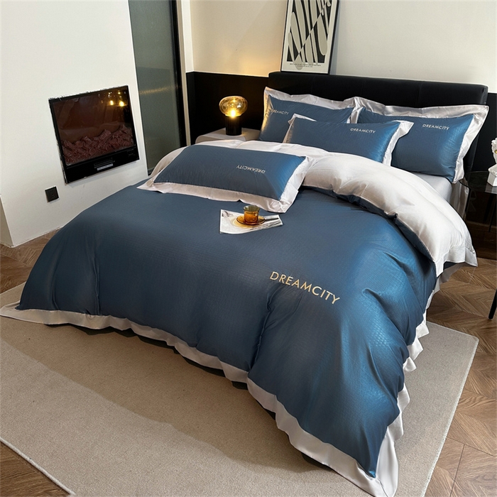 91家纺网 家纺一手货源 找家纺 古吉梦 2024新款水洗真丝提花四件套--迪梦  星空蓝+山灰