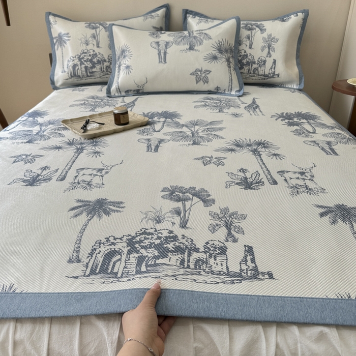 91家纺网 家纺一手货源 找家纺 懒猫家纺 2024新款600D数码印花冰藤凉席-床单款 绿野仙踪