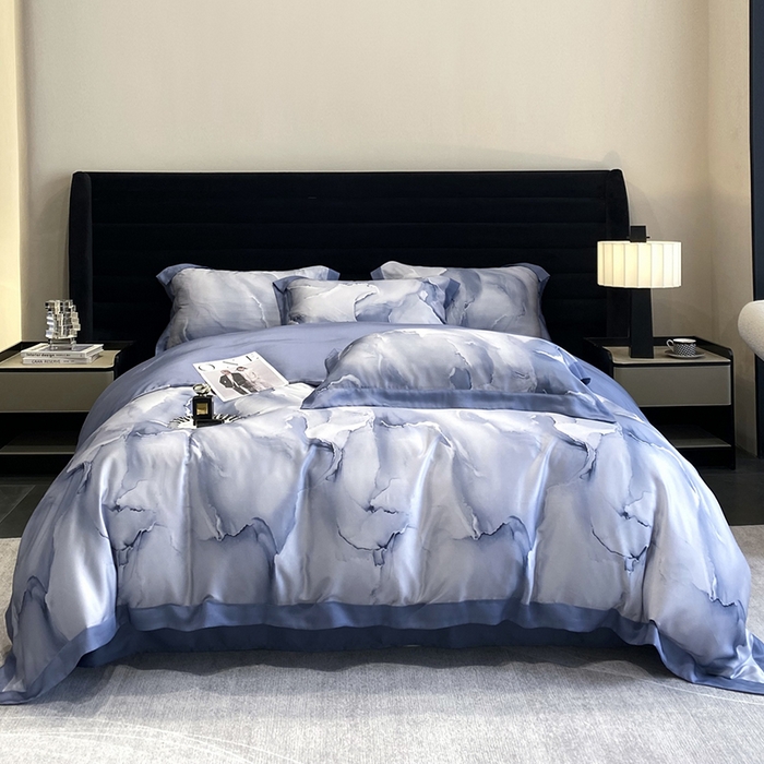 91家纺网 家纺一手货源 找家纺 优悦生活馆 2024新款轻奢天丝印花宽边拼角四件套系列-漫漫格调 漫漫格调-蓝