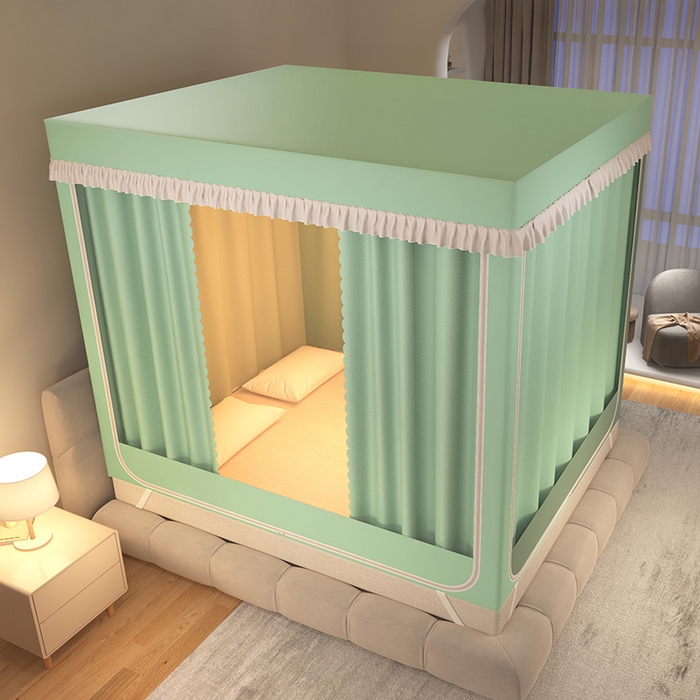 91家纺网 家纺一手货源 找家纺 世婕 2025新款坐床式防摔遮光蚊帐（免拼接烤漆支架）纯色帘子绿色
