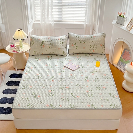 91家纺网 家纺一手货源 找家纺 福来临 2025新款印花凉感丝含胶凉席夏被三件套四件套 含胶凉席-春晓