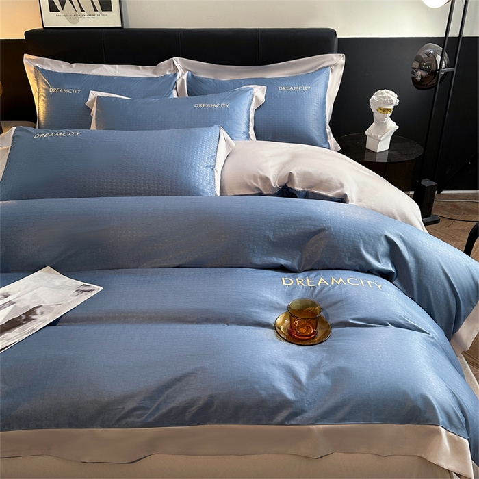 91家纺网 家纺一手货源 找家纺 古吉梦 2024新款水洗真丝提花四件套--迪梦  宾利蓝+山灰