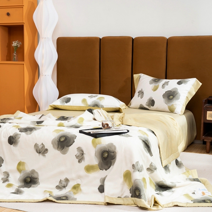 91家纺网 家纺一手货源 找家纺 黛舒家居 2024新款莱赛尔天丝大豆夏被四件套 花恋