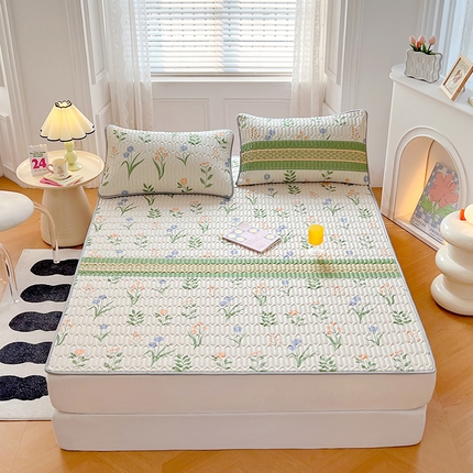 91家纺网 家纺一手货源 找家纺 福来临 2025新款印花凉感丝含胶凉席夏被三件套四件套 含胶凉席-田园生活