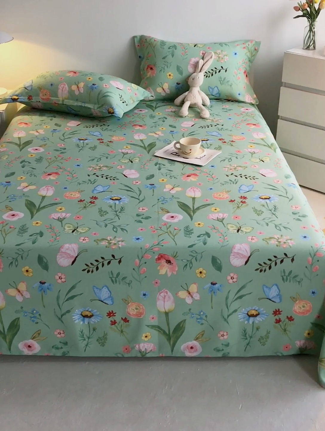 91家纺网 家纺一手货源 找家纺 金泰莱 2025新款印花竹纤维凉席三件套软凉席竹席盖毯子 繁花似锦-绿