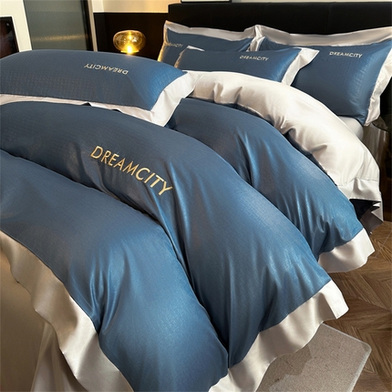 91家纺网 家纺一手货源 找家纺 古吉梦 2024新款水洗真丝提花四件套--迪梦  星空蓝+山灰