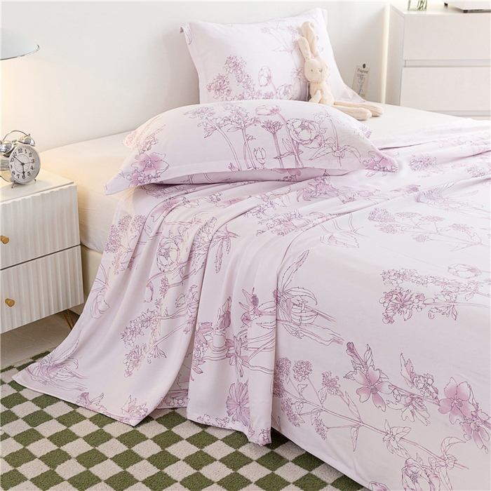 91家纺网 家纺一手货源 找家纺 金泰莱 2025新款印花竹纤维凉席三件套软凉席竹席盖毯子 彩韵-粉