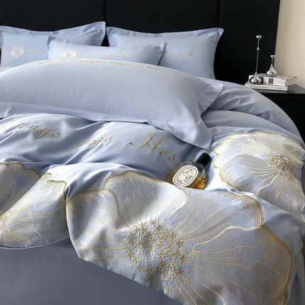 你好美丽 2025新款水洗真丝刺绣绮梦四件套 绮梦浅蓝