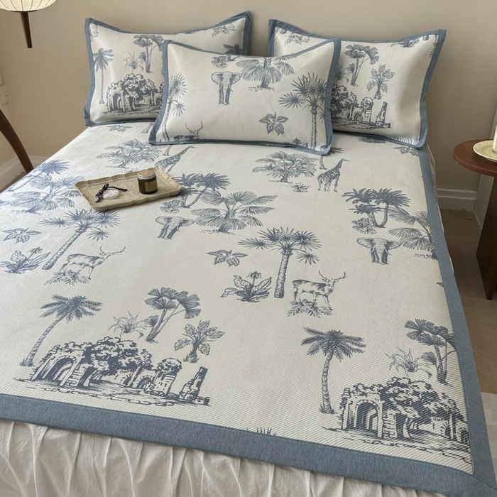 91家纺网 家纺一手货源 找家纺 懒猫家纺 2024新款600D数码印花冰藤凉席-床单款 绿野仙踪