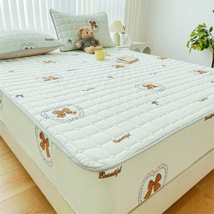 91家纺网 家纺一手货源 找家纺 恒尚居 2024新款小清新印花水洗棉大豆夹棉床笠 蝴蝶结绿