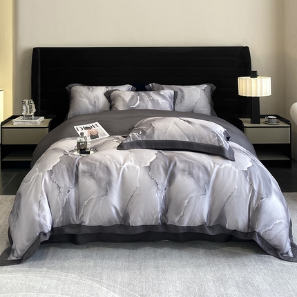 优悦生活馆 2024新款轻奢天丝印花宽边拼角四件套系列-漫漫格调 漫漫格调-灰