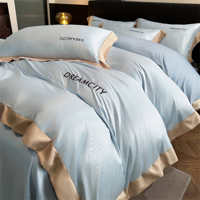 91家纺网 家纺一手货源 找家纺 古吉梦 2024新款水洗真丝提花四件套--迪梦  天空蓝+海青