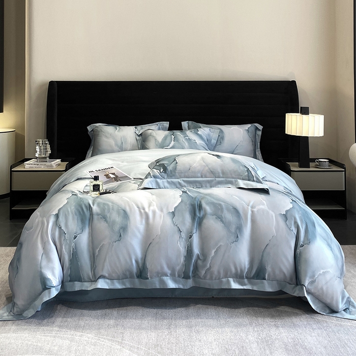 91家纺网 家纺一手货源 找家纺 优悦生活馆 2024新款轻奢天丝印花宽边拼角四件套系列-漫漫格调 漫漫格调-绿