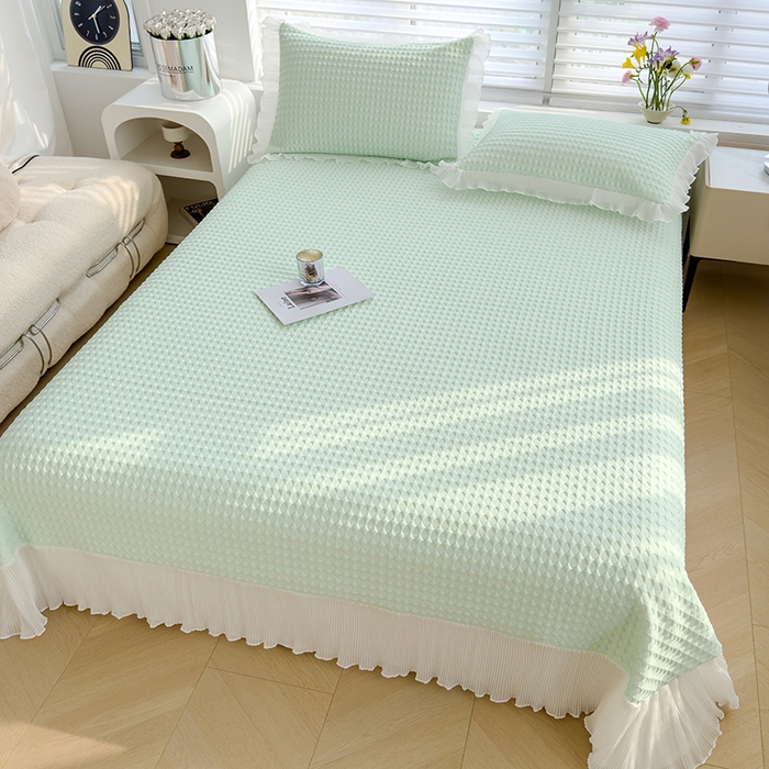 91家纺网 家纺一手货源 找家纺 冬然家纺 2024新款素色花边系列冰豆豆凉席  抹茶绿