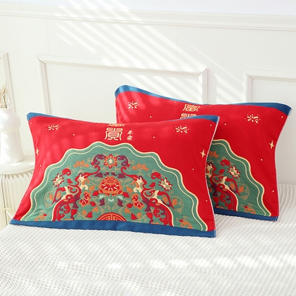 91家纺网 家纺一手货源 找家纺 （总）朴尔毛巾被 2024年全棉加厚八层纱布喜庆民族风婚庆系列枕巾