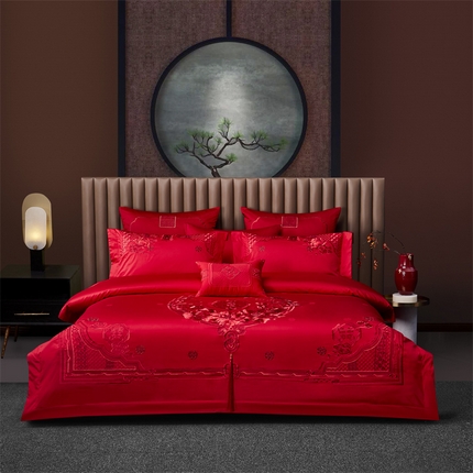 91家纺网 家纺一手货源 找家纺 高大尚婚庆馆 2025新款60支双股长绒棉提花四件套多件套-婚庆系列 良辰美景（红）