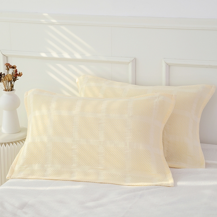 91家纺网 家纺一手货源 找家纺 朴尔毛巾被2024年新品全棉质朴方格风立体华夫格透气纱布枕巾 方格华夫格-米白枕巾50*80cm