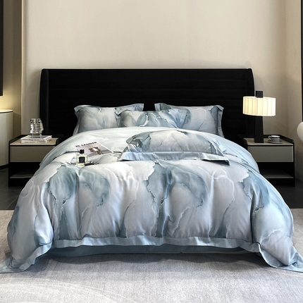 91家纺网 家纺一手货源 找家纺 优悦生活馆 2024新款轻奢天丝印花宽边拼角四件套系列-漫漫格调 漫漫格调-绿