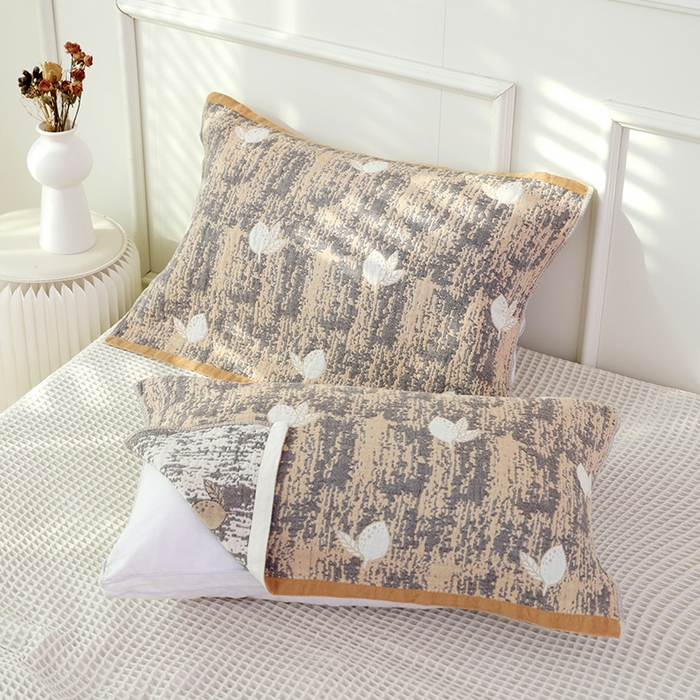 91家纺网 家纺一手货源 找家纺 朴尔毛巾被2024新款彩棉国潮风全棉六层纱布枕巾 柠香-咖枕巾52*78cm