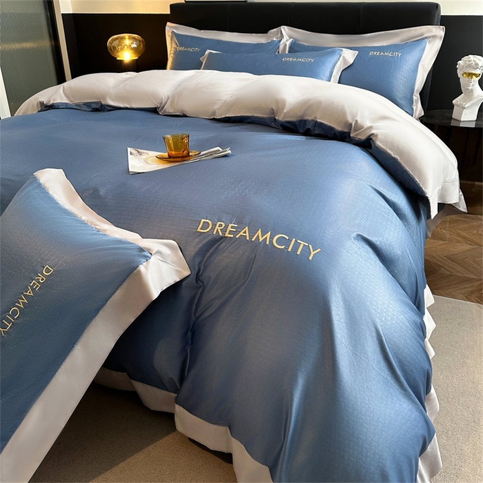 91家纺网 家纺一手货源 找家纺 古吉梦 2024新款水洗真丝提花四件套--迪梦  宾利蓝+山灰