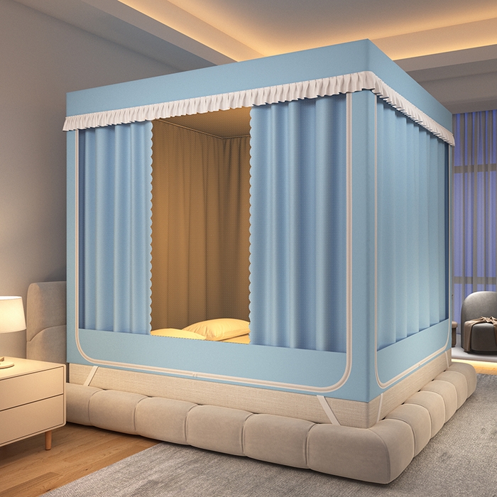 91家纺网 家纺一手货源 找家纺 世婕 2025新款坐床式防摔遮光蚊帐（免拼接烤漆支架）纯色帘子天空蓝