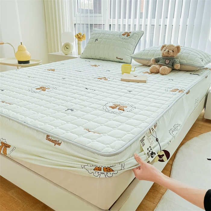 91家纺网 家纺一手货源 找家纺 恒尚居 2024新款小清新印花水洗棉大豆夹棉床笠 蝴蝶结绿