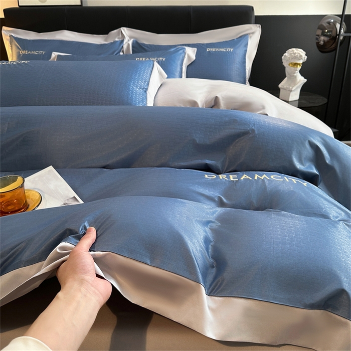 91家纺网 家纺一手货源 找家纺 古吉梦 2024新款水洗真丝提花四件套--迪梦  宾利蓝+山灰