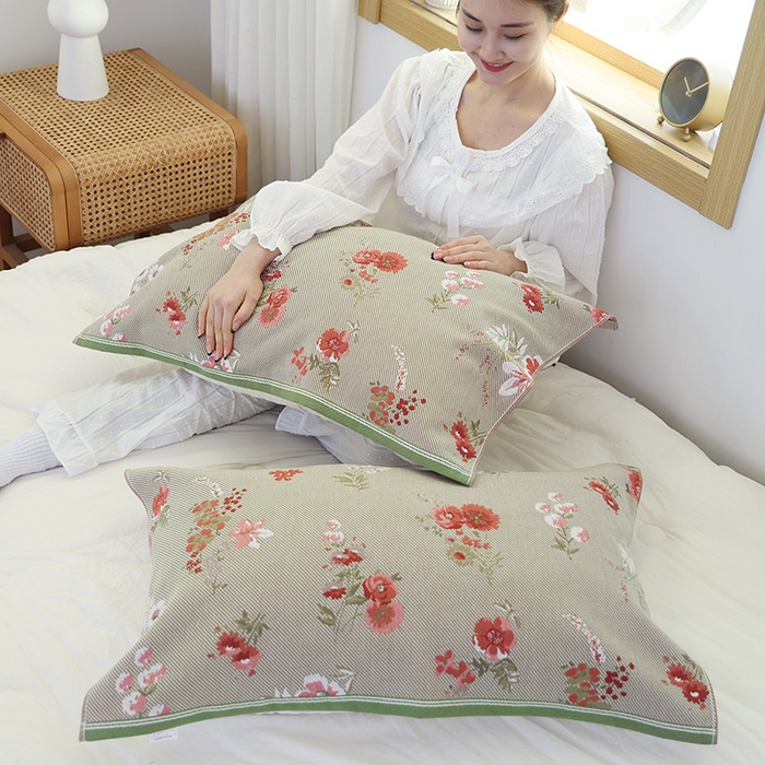 91家纺网 家纺一手货源 找家纺 朴尔毛巾被2024年新品全棉细纱编织纹AB版透气枕巾 立体花园52*78cm