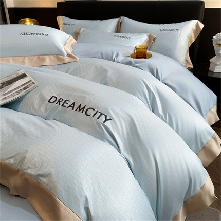 91家纺网 家纺一手货源 找家纺 古吉梦 2024新款水洗真丝提花四件套--迪梦  天空蓝+海青