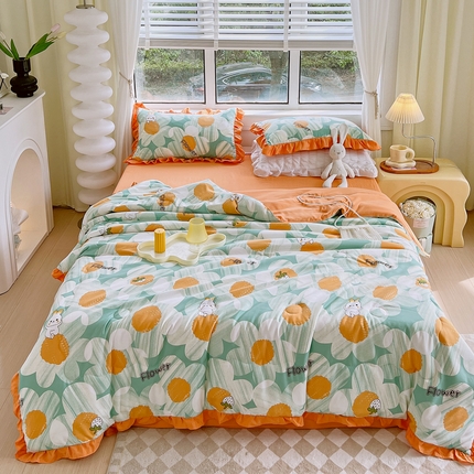 91家纺网 家纺一手货源 找家纺 美宜家 2025新款水洗棉麻印花夏被四件套 好运兔