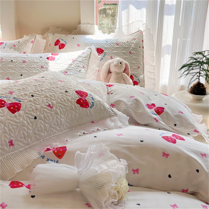 91家纺网 家纺一手货源 找家纺 添越 2024小清新韩版蕾丝花边纯棉夹棉床盖三件套全棉-蝴蝶结