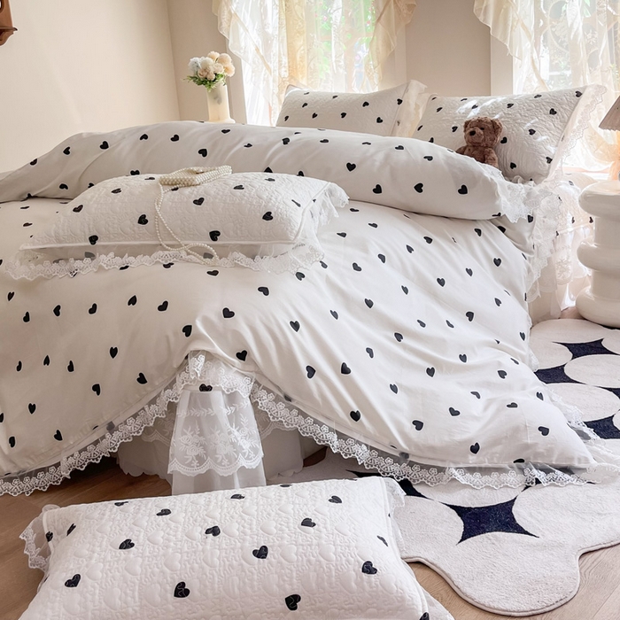 91家纺网 家纺一手货源 找家纺 添越 2024新款雪纺蕾丝款纯棉床盖四件套-比心