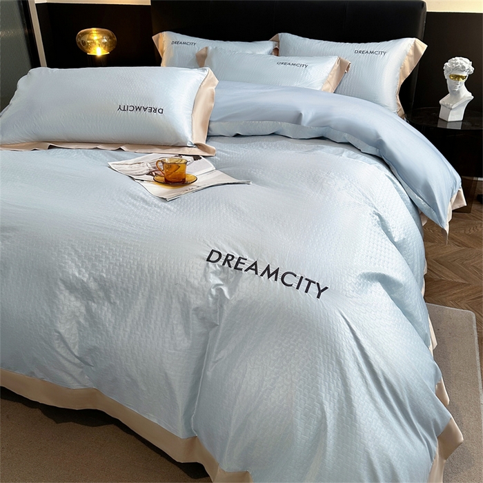 91家纺网 家纺一手货源 找家纺 古吉梦 2024新款水洗真丝提花四件套--迪梦  天空蓝+海青