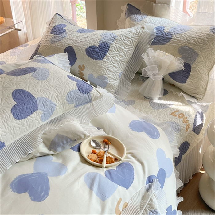 91家纺网 家纺一手货源 找家纺 添越 2024小清新韩版蕾丝花边纯棉夹棉床盖三件套全棉-怦然心动-蓝
