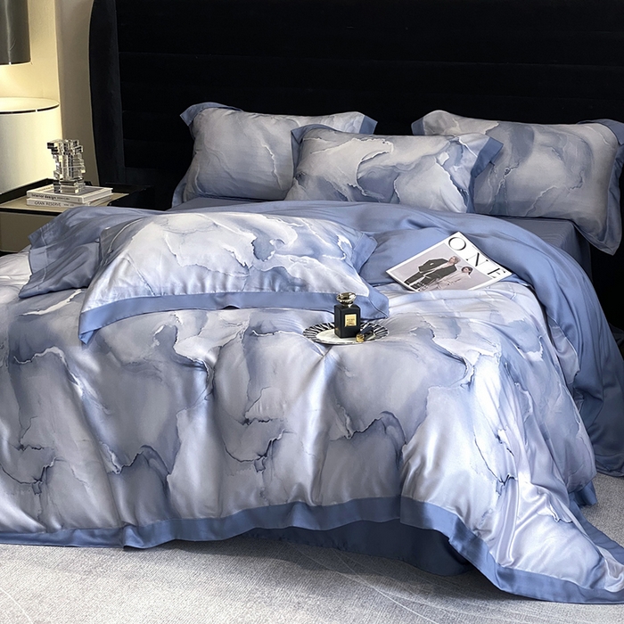 91家纺网 家纺一手货源 找家纺 优悦生活馆 2024新款轻奢天丝印花宽边拼角四件套系列-漫漫格调 漫漫格调-蓝