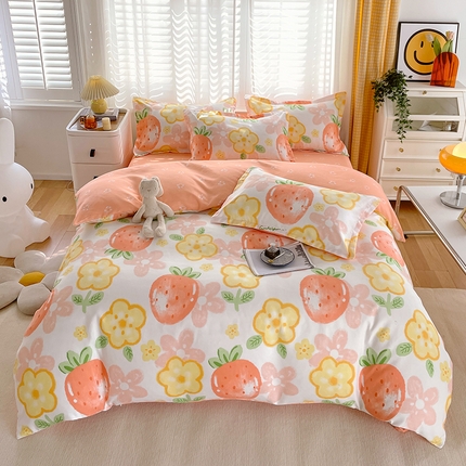 美宜家  2025新款植物羊绒加厚斜纹磨毛单被套四件套 草莓物语