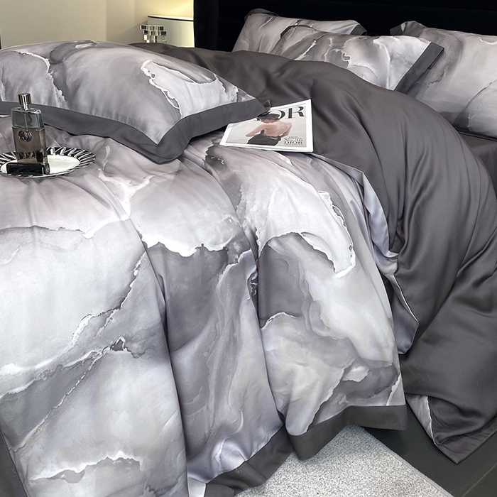 91家纺网 家纺一手货源 找家纺 优悦生活馆 2024新款轻奢天丝印花宽边拼角四件套系列-漫漫格调 漫漫格调-灰