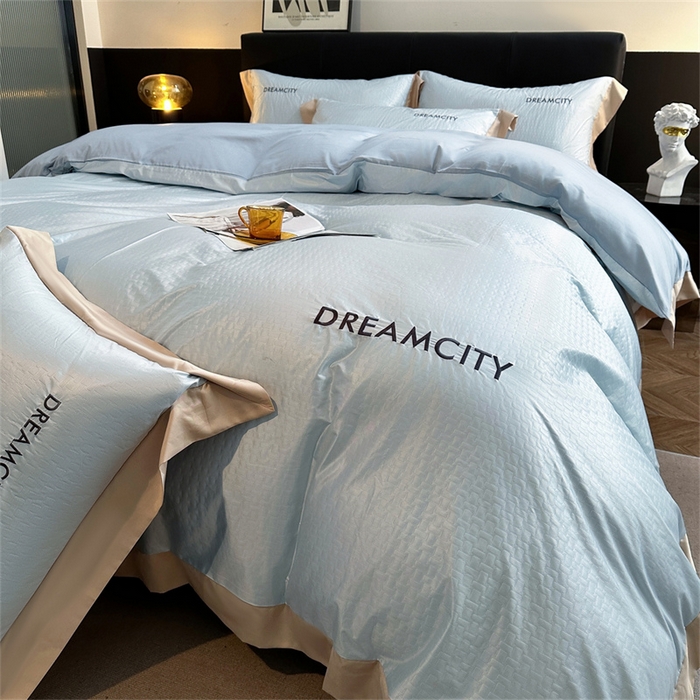 91家纺网 家纺一手货源 找家纺 古吉梦 2024新款水洗真丝提花四件套--迪梦  天空蓝+海青