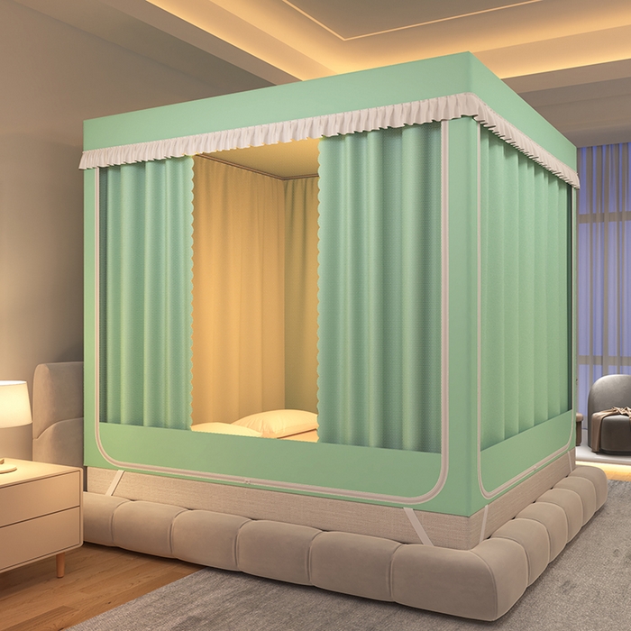 91家纺网 家纺一手货源 找家纺 世婕 2025新款坐床式防摔遮光蚊帐（免拼接烤漆支架）纯色帘子绿色