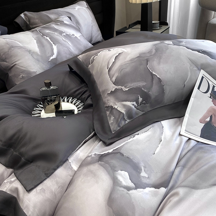 91家纺网 家纺一手货源 找家纺 优悦生活馆 2024新款轻奢天丝印花宽边拼角四件套系列-漫漫格调 漫漫格调-灰