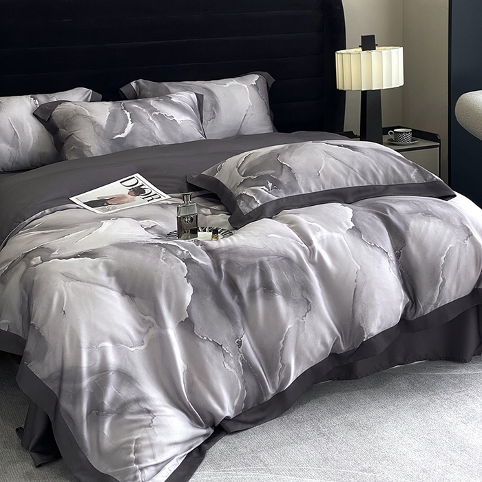 91家纺网 家纺一手货源 找家纺 优悦生活馆 2024新款轻奢天丝印花宽边拼角四件套系列-漫漫格调 漫漫格调-灰