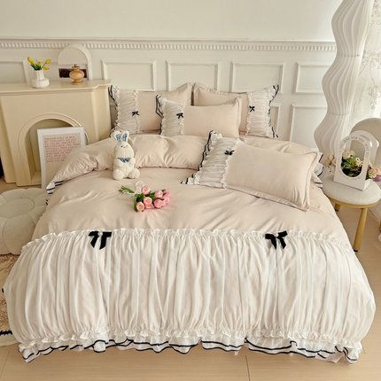 包小包 2024新款臻丝棉小香风提花双层花边韩版公主风四件套（提供买家秀） 小香风-米色