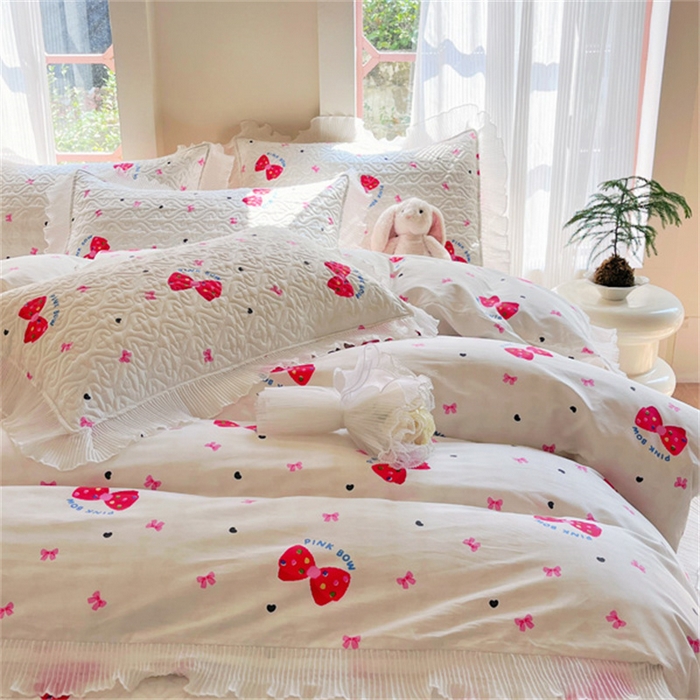 91家纺网 家纺一手货源 找家纺 添越 2024小清新韩版蕾丝花边纯棉夹棉床盖三件套全棉-蝴蝶结