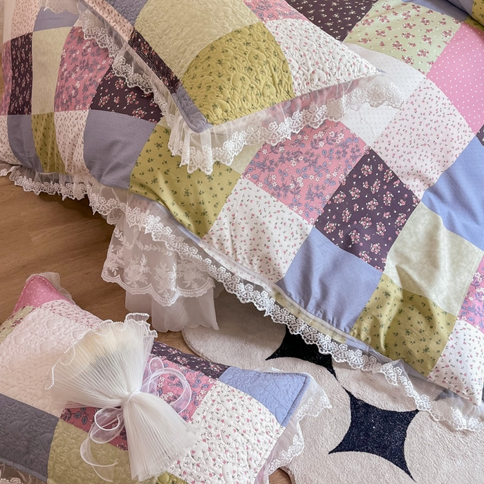 91家纺网 家纺一手货源 找家纺 添越 2024新款雪纺蕾丝款纯棉床盖四件套-百福格