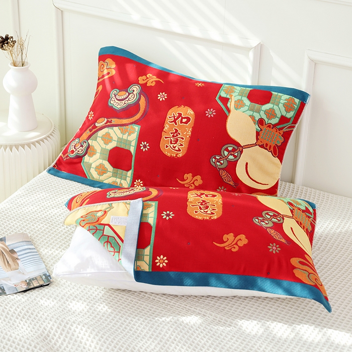 91家纺网 家纺一手货源 找家纺 朴尔毛巾被2024年全棉加厚八层纱布大版花枕巾 如意-大红52*78cm